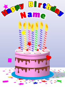 Cartoon style happy birthday gif cake with confetti of stars and hearts, and rising balloons. Customize the name.