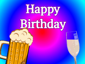 Birthday gif animation of a mug of beer and champagne glass toasting eachother with an animated name to customize.