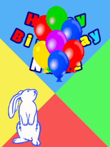 Birthday gif animated with a cute bunny rabbit curious about some birthday balloon that float up revealing birthday wish.