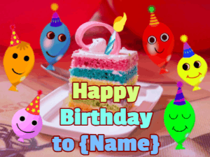Animated happy birthday gif with name on a red background, rainbow cake, and cute floating balloons.