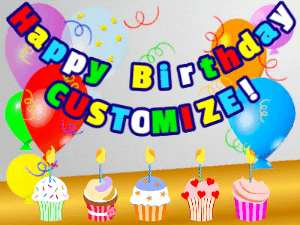 Animated happy birthday gif with a party balloon background, a row of cupcakes, and birthday banner to customize.
