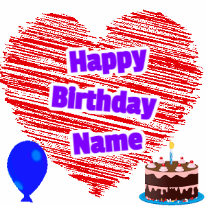 Animated birthday gif with a big scribbled animated heart with a balloon, birthday cake, and text to customize.