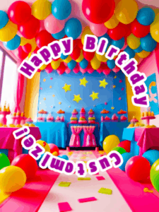 A bright birthday party gif with animated balloons and a ring of text to personalize.
