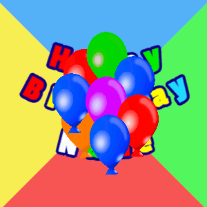 Birthday balloon gif with cartoon balloons launch up to reveal a birthday greeting with name that you can customize.