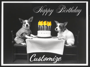 Vintage animated birthday card gif with name, flickering candles, birthday cake, and 2 dogs sitting at the table.