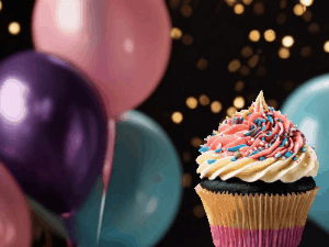 Cute Kitten Birthday Cupcake GIF with a cupcake raised by a cats head, then it pulls down text reading Happy Birthday Name