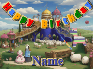Beautiful fantasy birthday gif of a magical park with a pinata and sparklers and a birthday banner with text to customize.
