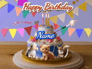 Happy Birthday Cake GIF with a cat, lamb, and squirrel on the cake with flickering candles, a sparkler, and falling confetti. Reads Happy Birthday Name and you can customize the name