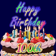 Happy Birthday Age 100 GIF, 100th Birthday GIF: A dark blue birthday gif with a beautiful cake with flickering candles, background sparkles and a name to customize.