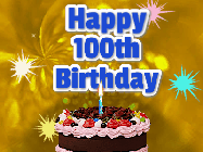 Happy Birthday Age 100 GIF, 100th Birthday GIF: A glitter and sparkle happy birthday gif with swelling sparkles, a birthday cake, and 3 lines of text to customize