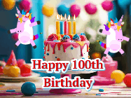 Happy Birthday Age 100 GIF, 100th Birthday GIF: Animated Happy Birthday GIF with a beautiful birthday cake being lit up by two unicorns. There are 3 lines of text to customize.