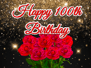 Happy Birthday Age 100 GIF, 100th Birthday GIF: A beautiful birthday gif with a bouquet of flowers and animated hearts on a black and glitter background.