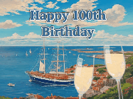 Happy Birthday Age 100 GIF, 100th Birthday GIF: Animated fireworks gif overlooking the sea with 2 glass of champagne. Text reads Happy Birthday Name. Customize Name.