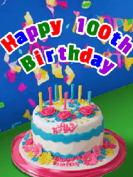 Happy Birthday Age 100 GIF, 100th Birthday GIF: A brightly colored animated birthday gif with a cake and a cute cartoon dragon flies past to light the candles. Customize banner text.