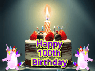Happy Birthday Age 100 GIF, 100th Birthday GIF: An animated gif with 2 unicorns and a birthday candle on a cake.