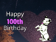 Happy Birthday Age 100 GIF, 100th Birthday GIF: Happy Birthday GIF at night with a cute drawn dog, floating balloons, and a shooting star in front of a heart shaped star formation.