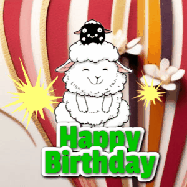 Happy Birthday Age 100 GIF, 100th Birthday GIF: A cute lamb gif with a bouncing lamb with sparklers with text flashing Happy Birthday Name that can be customized.