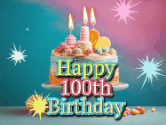 Happy Birthday Age 100 GIF, 100th Birthday GIF: A colorful animated Happy Birthday Cake GIF with swirling sparkles and flickering candles. It reads Happy Birthday Name