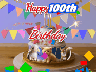 Happy Birthday Age 100 GIF, 100th Birthday GIF: Happy Birthday Cake GIF with a cat, lamb, and squirrel on the cake with flickering candles, a sparkler, and falling confetti. Reads Happy Birthday Name and you can customize the name