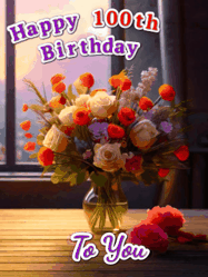 Happy Birthday Age 100 GIF, 100th Birthday GIF: A vase of flowers and animated hearts pop in and out as the words Happy Birthday Name appears that you can customize