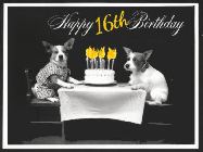 Happy Birthday Age 16 GIF, 16th Birthday GIF: Vintage animated birthday card gif with name, flickering candles, birthday cake, and 2 dogs sitting at the table.