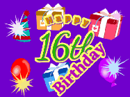 Happy Birthday Age 16 GIF, 16th Birthday GIF: Animated Birthday GIF with growing and shrinking background and sparklers and a customizable name that spins around.