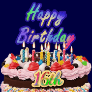 Happy Birthday Age 16 GIF, 16th Birthday GIF: A dark blue birthday gif with a beautiful cake with flickering candles, background sparkles and a name to customize.