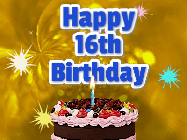 Happy Birthday Age 16 GIF, 16th Birthday GIF: A glitter and sparkle happy birthday gif with swelling sparkles, a birthday cake, and 3 lines of text to customize