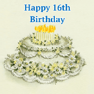 Happy Birthday Age 16 GIF, 16th Birthday GIF: A beautiful vintage birthday cake design with flickering candles atop and three lines of customized happy birthday text.