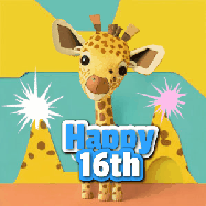Happy Birthday Age 16 GIF, 16th Birthday GIF: Cute giraffee birthday gif depicting a paper cutout bobbing giraffe head and birthday text you can customize with sparklers.
