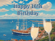Happy Birthday Age 16 GIF, 16th Birthday GIF: Animated fireworks gif overlooking the sea with 2 glass of champagne. Text reads Happy Birthday Name. Customize Name.