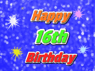 Happy Birthday Age 16 GIF, 16th Birthday GIF: A glitter birthday gif with a blue glitter background and animated text reading Happy Birthday Name