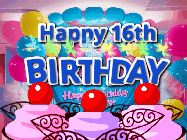 Happy Birthday Age 16 GIF, 16th Birthday GIF: Birthday animated gif with sparklers on text name you can customize. Brightly colored with a close up cake cherries.