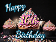 Happy Birthday Age 16 GIF, 16th Birthday GIF: A delicious cupcake gif with animated sparkles reading Happy Birthday with a name to customize