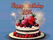 Happy Birthday Age 16 GIF, 16th Birthday GIF: Animated GIF of a birthday cake covered in berries with 2 sparklers and a candle, reads Happy Birthday Name. Customize it.