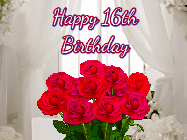 Happy Birthday Age 16 GIF, 16th Birthday GIF: Beautiful Happy Birtday GIF with a roses and pink hearts coming and going with text reading Happy Birthday Customize because you can customize it