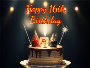 Happy Birthday Age 16 GIF, 16th Birthday GIF: Animated birthday cake gif with sparklers on a dark background. Personalize up to 3 lines of text.