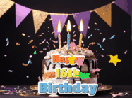 Happy Birthday Age 16 GIF, 16th Birthday GIF: Happy birthday cake animated gif with flickering candles, animated text, and falling confetti. Customize text reading Happy Birthday Customize.
