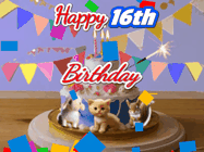 Happy Birthday Age 16 GIF, 16th Birthday GIF: Happy Birthday Cake GIF with a cat, lamb, and squirrel on the cake with flickering candles, a sparkler, and falling confetti. Reads Happy Birthday Name and you can customize the name