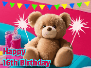 Happy Birthday Age 16 GIF, 16th Birthday GIF: A cute birthday teddy bear animated birthday gif with the bear holding sparklers and text to customize.