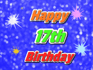 Happy Birthday Age 17 GIF, 17th Birthday GIF: A glitter birthday gif with a blue glitter background and animated text reading Happy Birthday Name