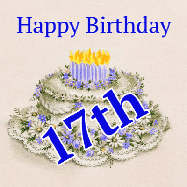 Happy Birthday Age 17 GIF, 17th Birthday GIF: A beautiful animated birthday gif with a vintage style cake drawing and animated candle flames. Customize the name and text.