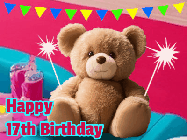 Happy Birthday Age 17 GIF, 17th Birthday GIF: A cute birthday teddy bear animated birthday gif with the bear holding sparklers and text to customize.