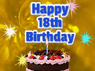 Happy Birthday Age 18 GIF, 18th Birthday GIF: A glitter and sparkle happy birthday gif with swelling sparkles, a birthday cake, and 3 lines of text to customize