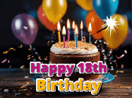 Happy Birthday Age 18 GIF, 18th Birthday GIF: A birthday cake with flickering candles gif with text reading Happy Birthday and a Name slot to customize