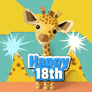 Happy Birthday Age 18 GIF, 18th Birthday GIF: Cute giraffee birthday gif depicting a paper cutout bobbing giraffe head and birthday text you can customize with sparklers.