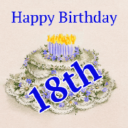 Happy Birthday Age 18 GIF, 18th Birthday GIF: A beautiful animated birthday gif with a vintage style cake drawing and animated candle flames. Customize the name and text.