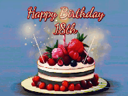 Happy Birthday Age 18 GIF, 18th Birthday GIF: Animated GIF of a birthday cake covered in berries with 2 sparklers and a candle, reads Happy Birthday Name. Customize it.