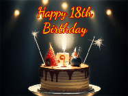 Happy Birthday Age 18 GIF, 18th Birthday GIF: Animated birthday cake gif with sparklers on a dark background. Personalize up to 3 lines of text.