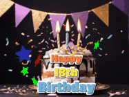 Happy Birthday Age 18 GIF, 18th Birthday GIF: Happy birthday cake animated gif with flickering candles, animated text, and falling confetti. Customize text reading Happy Birthday Customize.